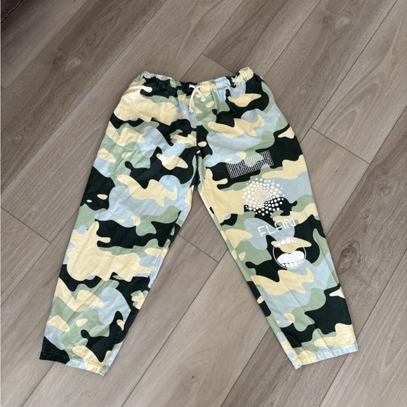 Flan Labs Roquefort  Wide Leg Pants Mens XL Green Camo Canvas Drawstring - Picture 1 of 8